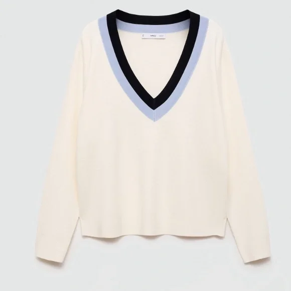 Mango Women's V-Neck Sweater with Blue and Black Stripes NWOT - Picture 2 of 6